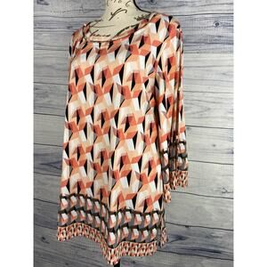 JM Collection Embellished Tunic Top Womens M Mosaic 3/4 Sleeves Scoop Neck